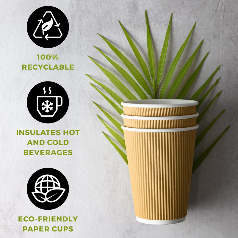 NYHI 100 8 oz Ripple Kraft Paper Cups Brown Hot Cold with Lids 3 Layer Rippled Small Insulated Disposable Coffee Cups for Cappuccino Hot Cocoa or Iced Drinks - Image 2